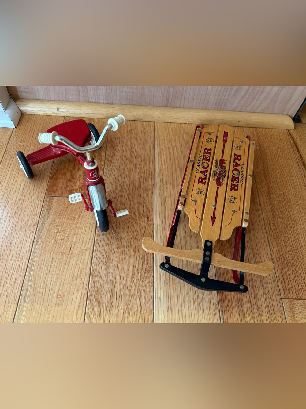 Set Of Radio Flyer Miniature Doll Sz Toy Metal Red Tricycle 6" & 11” Racer Sled